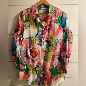 Soft Surroundings Breezy Bloom Tunic Top Roll Tab Sleeve Pink Multicolor Shirt S